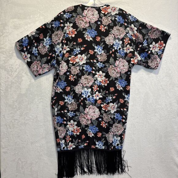 Carmen Women's Swimsuit Coverup Black Tropical Floral Fringe Open Front Kimono - Picture 7 of 12